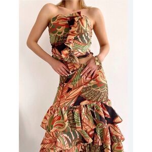 NWT ZARA Two-Piece Set Linen Multicolor Tropical Floral Skirt Top Small